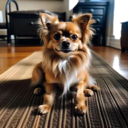 A dog sitting on a mat, looking at the camera