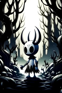 Create an album cover for the game Hollow Knight. Use black, white, gray, and blue colors to capture it's mysterious and eerie vibe