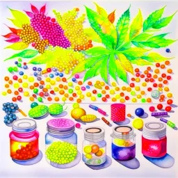 Generate a watercolour artwork where different drugs weed, tobacco, cocain, pill and other drugs are placed asymetricaly making a compositions