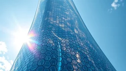 A towering skyscraper with sweeping, curved surfaces made of translucent, iridescent glass. The building features a hexagonal honeycomb pattern of windows that allow light to cascade through, creating a rainbow effect inside and outside. Award-winning photograph, stunning clarity, beautiful composition, exquisite detail and illumination