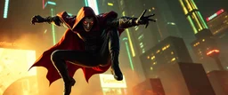 vampire cyberpunk action scene, acrobatic dodge, cape harlekin