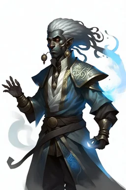 A young male Air genasi fra d&d with black skin smoke some hair