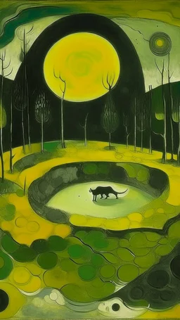 An olive green crater with tar pits painted by Wassily Kandinsky