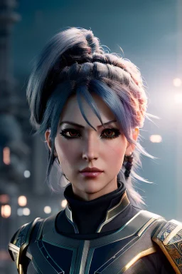 Middle age female anime warrior, orange eyes, gray hair with dark blue hair, ponytail hairstyle, waist up portrait,4k resolution, intricate details, ornate details, soft lighting, vibrant colors, retroanime, masterpiece, intricate eyeliner, dark eyeshadow, futuristic cityscape background