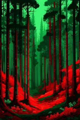forest in red trees and dark green colors only