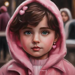 Painting of a cute girl with lovely eyes and short brown hair in a pink jacket and heart earrings, oil pastel, oil pastel painting, oil painting, painting style