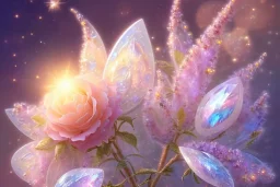 one big crystal subtle flower in a galactic ambiance, transparent petals, delicate colors, in the foreground, with a very little beautiful fairy, full of details, smooth, bright sunshine，soft light atmosphere, light effect，vaporwave colorful, concept art, smooth, extremely sharp detail, finely tuned detail, ultra high definition, 8 k, unreal engine 5, ultra sharp focus