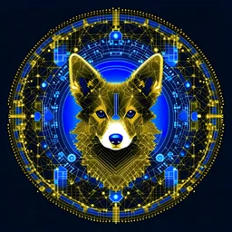 Blue and gold circle logo of a corgi made of gold circuit board traces, fingerprint and neural network superimposed behind