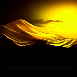 a bed flying through a dark yellow sky, golden mist, flowing fabric, night