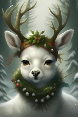 photorealistic Cute fantasy white Christmas fawn wearing a wreath around neck; big pine trees all around; in the style of Bastien Lecouffe Deharme