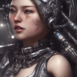 portrait closeup face half hitomi tanaka half cyborg middlecyborgs post-apocalypse in a cyberpunk city, sci-fi fantasy style, volumetric lighting, particales,highly detailed,cinamatic, deep colours,