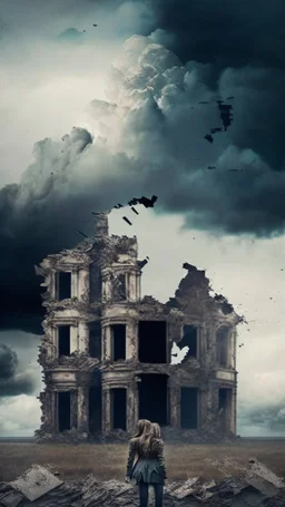 ruined buildings with women and cloudy sky