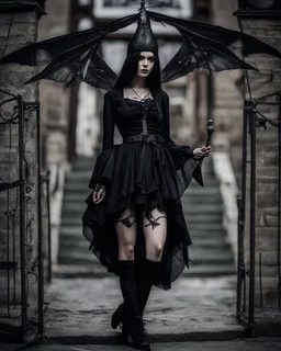 gothic, steampunk delicate mefull-length, young woman dressed like a modern-day witch, with dark hair, outside a shoptal woman, dragonfly, wings, black background