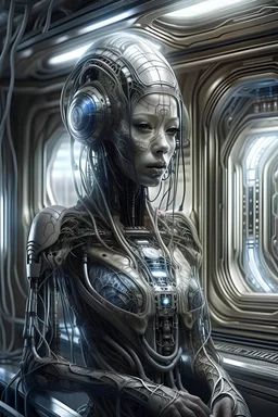 high quality, 8K Ultra HD, high detailed human-cyborg hybrid woman hijaber indonesia, full body, in the background is the interior of a spaceship,big window,cybernetic,cable electric wires,microchip,anatomical,polished,porcelain,ultra detailed,ultra realistic,extremely realistic,intricate,epic composition,H.R. Giger style