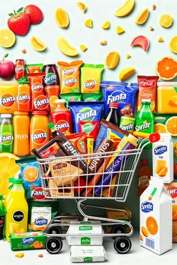 A design filled with various fruit juices, various chips, various types of Fanta, Coca-Cola, Sprite, various famous chocolates, a full shopping cart, packaged cheeses, butter, and pasteurized milk, in cheerful, vibrant, and eye-catching colors.