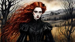 Andrea Kowch, Eleanor Fortescue-Brickdale, surrealistic , ink wash and watercolor landscape illustration, (full length, close up, shot:1.6), of a dark avant garde, leather haute couture, goth punk vampire girl with highly defined hair and facial features, black mascara, fine brushstrokes , highly detailed, boldly inked, vivid autumnal color, ethereal, otherworldly urban background