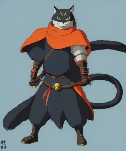 cat 2d, knight, ninja, black fur,full body, orange torn coat,game character, strong, anime, chibi , like zelda