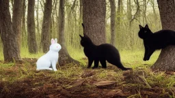 A black cat staring a white rabbit in the forest.