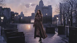 A noir-inspired nightscape unfolds as a mysterious woman, clad in a trench coat, strides down a dimly lit, alley-like street. The towering, Gotham-esque buildings loom overhead, their weathered facades bathed in the eerie glow of streetlights that cast elongated shadows. The tranquil, moonlit atmosphere is punctuated only by the woman's footsteps, as she navigates the deserted urban landscape with purpose.