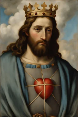 Lord Jesus. Background has clouds. Crown of thorns. Closeup mid torso portrait in the style of Degas and Renoir. Facing forward. Eyes directed straight out at the viewer of the painting. A symbol of immaculate heart on the chest. Clothes are simple. Use any combination of grey, blue, cyan, red, greige , beige, indigo, brown, white , black and mustard colors. soft tones , soft colors.