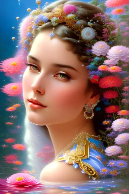 Sharp detailed backdrop and scenery lisa frank portrait of a beautiful mysterious woman surrounded in water and flowing flowers, drenched clothing, wet dripping long silver hair, emerging from the water, fantasy, regal, intricate, by stanley artgerm lau, greg rutkowski, thomas kinkade, alphonse mucha, loish, norman rockwell, mystical purple pink tones blue eyes pear