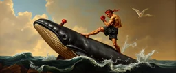 kick boxing match on top of whale, painted by rembrandt