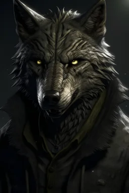 Retrato de frente de un lobo villano, con ropa sospechosa y atmósfera destruida