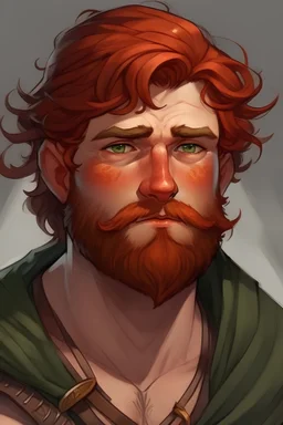 young half-elf man, fat, tan skin, naked, medium hair, scruffy beard, auburn red hair