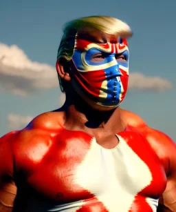 Realistic image of Donald trump wrestler, Mexican wrestling style, Mexican wrestling mask, clear nose and visible chin, red and blue breeches, glow us flag dress, suspenders, retro style, 80s, vibrant color, highly detailed, sky background, concept art, unreal engine 5, god rays, ray tracing, RTX, lumen lighting, ultra detail, volumetric lighting, 3d, finely drawn, high definition, high resolution.