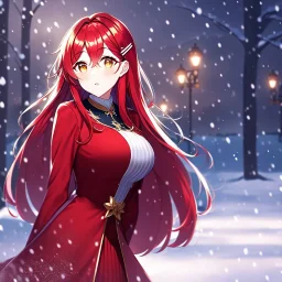 girl, masterpiece, best quality, volumetric lighting, detailed outfit, perfect eyes, red hair, golden eyes, long hair, snowing, outdoors, winter outfit, hairclip, depth of field, red outfit,