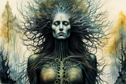 Zdzislaw Beksinski, Max Ernst, and Peter Gric style ink wash and watercolor, full body illustration of a transcendent woman , highly detailed facial features, mixed to anatomical body view, visible plant like skeletal structure, wildly flowing hair, 8k octane, all in focus, clean face, no grain, ethereal, otherworldly, Ancient Druid Forest Goddess concept art in vibrant natural autumnal colors