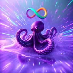 infinity symbol ∞ with vibrant powerful octopus jumping out of the water, striking, neon, chiaroscuro, dramatic, captivating, powerful, fantasy, beautiful, octane render, 16k post-production, artstation: award-winning: atmospheric: commanding: fantastical: clarity: ultra quality: striking: brilliance: stunning colors: amazing depth; lens: f/11, 35mm