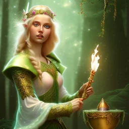 romantic fantasy spray painting, portrait of cute green eyed blonde robed elf poet with cute ornament,sitting in swing, loosing torch in magical forest