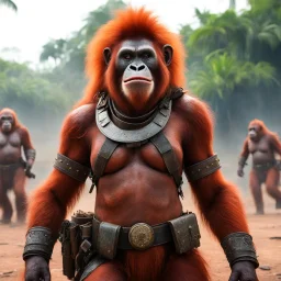 the Orangutang Queen smiles, ready to fight, in dust, rust and blood, her body is covered with cartridge belts