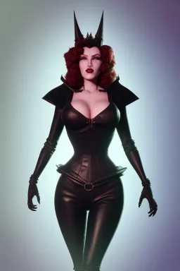 Rita Hayworth as evil queen in black leather, busty, cleavage, curvy, angry, stern look. character design by cory loftis, fenghua zhong, ryohei hase, ismail inceoglu and ruan jia. unreal engine 5, artistic lighting, highly detailed, photorealistic, fantasy