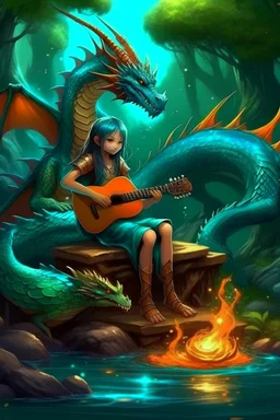 A Dragon water and dampf and play gitare and sit on a cair and have fire dragon is türkis and agresif and hfe a girl frend