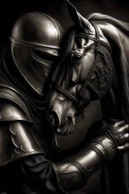 An artistic image of the knight and the horse's head intertwined