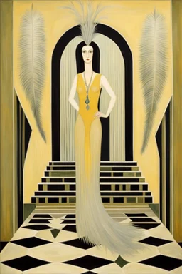 a woman with feathers in an Art Deco foyer by artist "Erté",by artist "Leonora Carrington",by artist "Bridget Bate Tichenor"