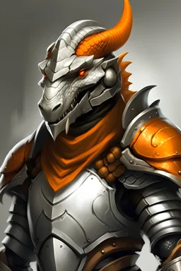 Teenage silver pale dragonborn wearing leather armor and battered helmet with orange visor