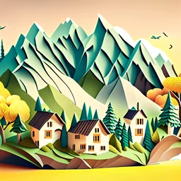 Beautiful nature, houses, Mountains, trees, papercurl illustration.