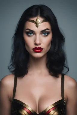 an extremely ugly abomination of a girl with great big pouty lips:1.5 and a humongous nose:1.5, wide set slanted soft blue eyes, extremely pointed chin, black hair, Wonder Woman, medium long shot, wide angle shot, full body image, head to toe, red lipstick