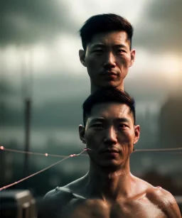 Ultra realistic photographic night portrait, cinematic, naked, young, Asian, all shaved <strong man> <hanging wires> many wires connected to the head <perfect pupil> <cyborg> <garage> <long shot view> <sci-fi futuristic> <thriller>, fog, soft color, highly detailed, unreal engine 5, ray tracing, RTX, lumen lighting, ultra detail, volumetric lighting, high definition.