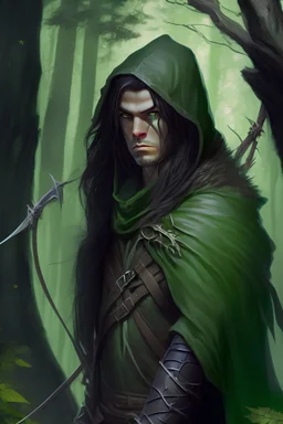 a dungens and dragon character human arcane archer, he is tall has dark long hair green eyes and a green hood. made it full frame whith forest in background. In a sneaky pose.