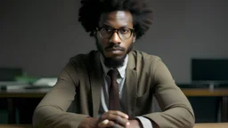 African man,with glasses, hair Afro, sitting behind a desk