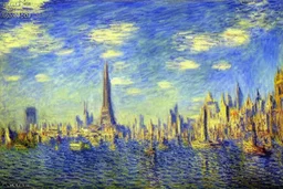 sunny day, city, sci-fi, people, epic, claude monet influence, realistic painting