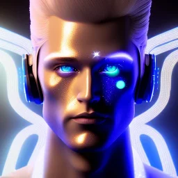 Handsome cosmic man, realistic, blond hair, blue eyes, tron glitter suit, blue lights, full of détails, stars in background, unreal engine 5