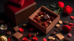 picture of a love card with petals and a box of chocolates