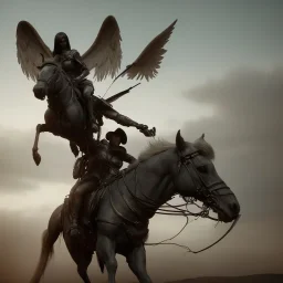 angel of death riding a horse, fantasy, 4k, 8k, highly detailed, cinematic, ultra photorealistic, ultra realistic, volumetric lighting, moody, gloomy