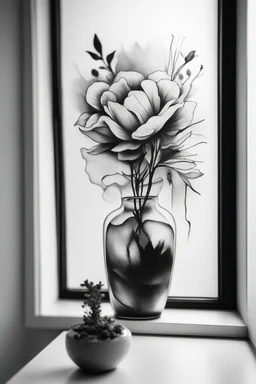 A realistic drawing in negative space black ink on white background a flower in vase in a window with blurred background with abstract brushstrokes tattoos to enhance her face max enrist