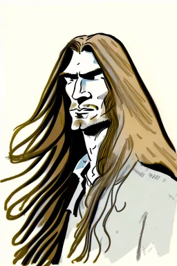 This image depicts a lifelike caricature of a man with long hair. The man is the central figure in the picture, taking up most of the space, with his features and hair color against a white background. The image has an artistic style that leans toward abstraction, making it an interesting piece of art. The man's face is one of the most dominant aspects of this image. His facial features are emphasized, and a lot of character is shown, which is typical of anime drawings. This photo doesn't h